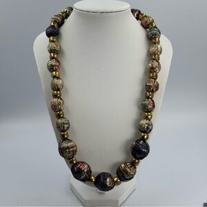Vintage Fabric Beaded Graduated Necklace Gold Tone MultiColored Metallic Fabric